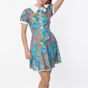 Unique Vintage Smak Parlour Blue Pink Floral Daisy River Psychedelic Swing Dress